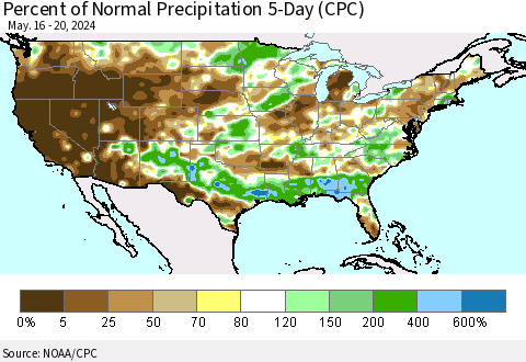 United States Percent of Normal Precipitation 5-Day (CPC) Thematic Map For 5/16/2024 - 5/20/2024