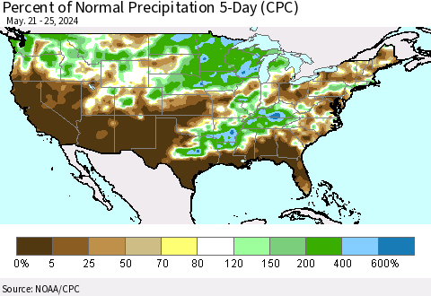 United States Percent of Normal Precipitation 5-Day (CPC) Thematic Map For 5/21/2024 - 5/25/2024