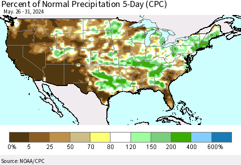 United States Percent of Normal Precipitation 5-Day (CPC) Thematic Map For 5/26/2024 - 5/31/2024