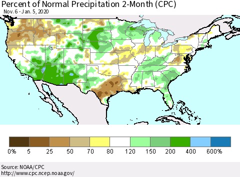 United States Percent of Normal Precipitation 2-Month (CPC) Thematic Map For 11/6/2019 - 1/5/2020