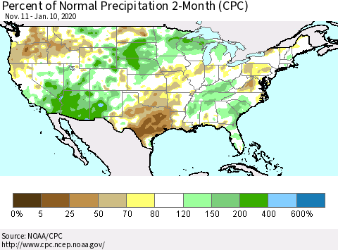 United States Percent of Normal Precipitation 2-Month (CPC) Thematic Map For 11/11/2019 - 1/10/2020