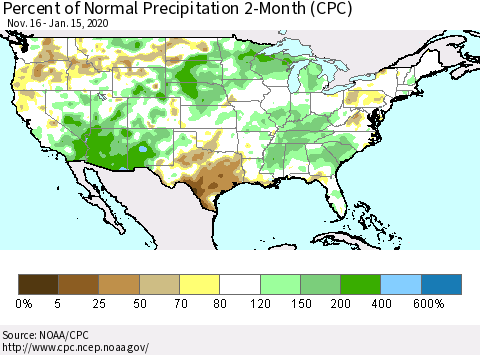 United States Percent of Normal Precipitation 2-Month (CPC) Thematic Map For 11/16/2019 - 1/15/2020