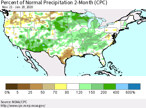 United States Percent of Normal Precipitation 2-Month (CPC) Thematic Map For 11/21/2019 - 1/20/2020