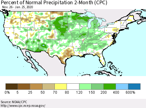 United States Percent of Normal Precipitation 2-Month (CPC) Thematic Map For 11/26/2019 - 1/25/2020