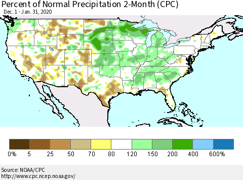 United States Percent of Normal Precipitation 2-Month (CPC) Thematic Map For 12/1/2019 - 1/31/2020