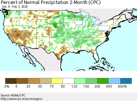 United States Percent of Normal Precipitation 2-Month (CPC) Thematic Map For 12/6/2019 - 2/5/2020