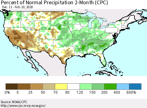 United States Percent of Normal Precipitation 2-Month (CPC) Thematic Map For 12/11/2019 - 2/10/2020