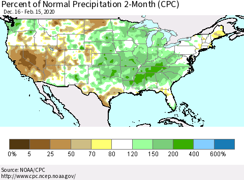 United States Percent of Normal Precipitation 2-Month (CPC) Thematic Map For 12/16/2019 - 2/15/2020