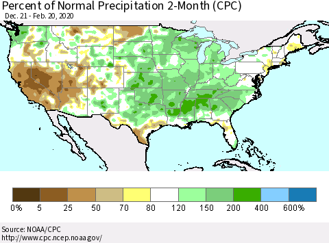 United States Percent of Normal Precipitation 2-Month (CPC) Thematic Map For 12/21/2019 - 2/20/2020