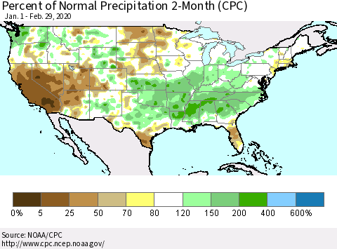 United States Percent of Normal Precipitation 2-Month (CPC) Thematic Map For 1/1/2020 - 2/29/2020