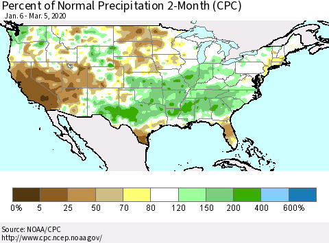 United States Percent of Normal Precipitation 2-Month (CPC) Thematic Map For 1/6/2020 - 3/5/2020