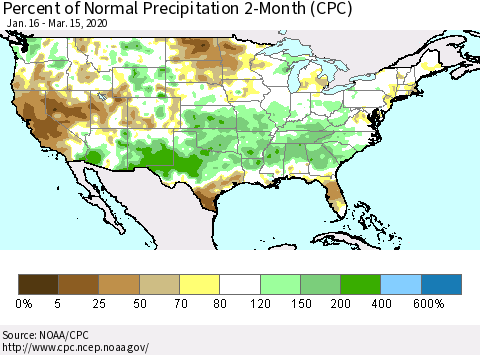 United States Percent of Normal Precipitation 2-Month (CPC) Thematic Map For 1/16/2020 - 3/15/2020