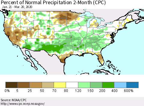 United States Percent of Normal Precipitation 2-Month (CPC) Thematic Map For 1/21/2020 - 3/20/2020