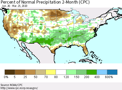 United States Percent of Normal Precipitation 2-Month (CPC) Thematic Map For 1/26/2020 - 3/25/2020