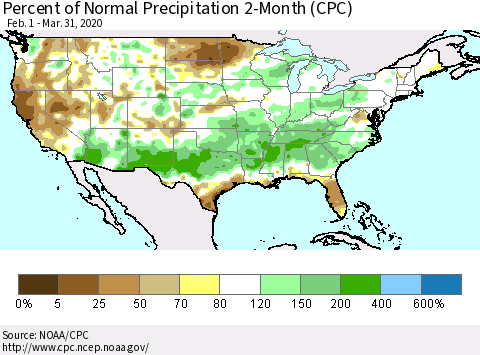 United States Percent of Normal Precipitation 2-Month (CPC) Thematic Map For 2/1/2020 - 3/31/2020