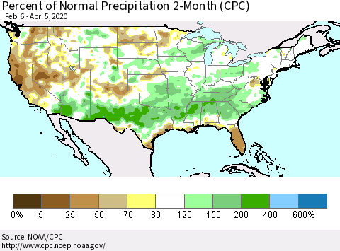 United States Percent of Normal Precipitation 2-Month (CPC) Thematic Map For 2/6/2020 - 4/5/2020