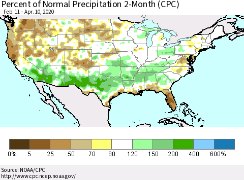 United States Percent of Normal Precipitation 2-Month (CPC) Thematic Map For 2/11/2020 - 4/10/2020