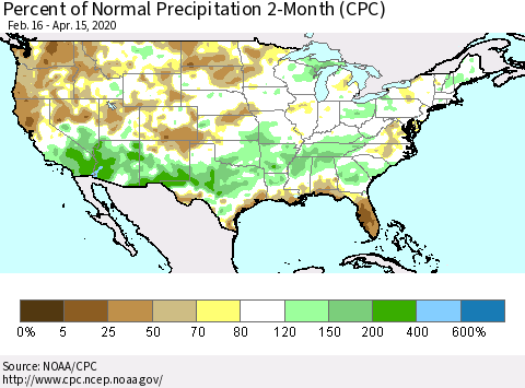 United States Percent of Normal Precipitation 2-Month (CPC) Thematic Map For 2/16/2020 - 4/15/2020