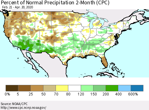 United States Percent of Normal Precipitation 2-Month (CPC) Thematic Map For 2/21/2020 - 4/20/2020