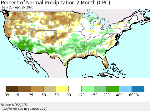 United States Percent of Normal Precipitation 2-Month (CPC) Thematic Map For 2/26/2020 - 4/25/2020