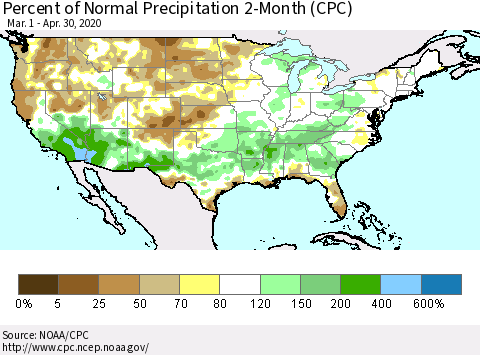 United States Percent of Normal Precipitation 2-Month (CPC) Thematic Map For 3/1/2020 - 4/30/2020