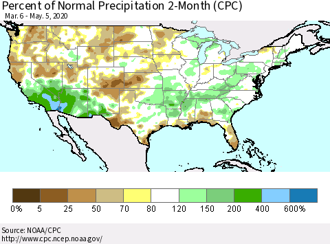 United States Percent of Normal Precipitation 2-Month (CPC) Thematic Map For 3/6/2020 - 5/5/2020