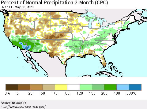 United States Percent of Normal Precipitation 2-Month (CPC) Thematic Map For 3/11/2020 - 5/10/2020