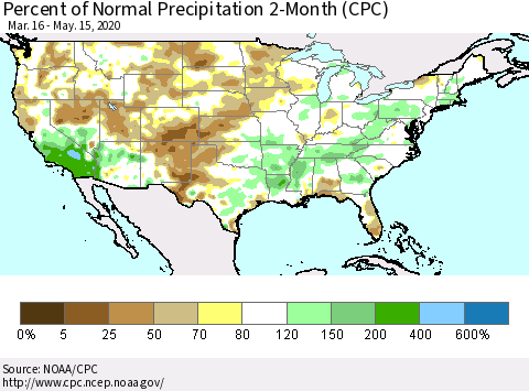 United States Percent of Normal Precipitation 2-Month (CPC) Thematic Map For 3/16/2020 - 5/15/2020