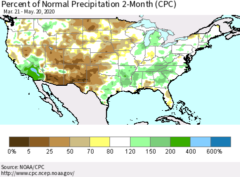United States Percent of Normal Precipitation 2-Month (CPC) Thematic Map For 3/21/2020 - 5/20/2020