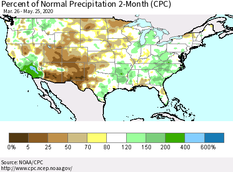 United States Percent of Normal Precipitation 2-Month (CPC) Thematic Map For 3/26/2020 - 5/25/2020
