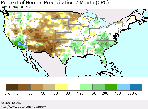 United States Percent of Normal Precipitation 2-Month (CPC) Thematic Map For 4/1/2020 - 5/31/2020