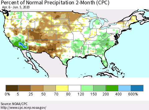 United States Percent of Normal Precipitation 2-Month (CPC) Thematic Map For 4/6/2020 - 6/5/2020