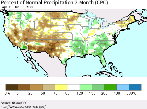 United States Percent of Normal Precipitation 2-Month (CPC) Thematic Map For 4/11/2020 - 6/10/2020