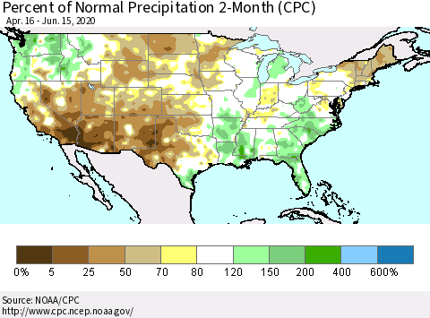 United States Percent of Normal Precipitation 2-Month (CPC) Thematic Map For 4/16/2020 - 6/15/2020