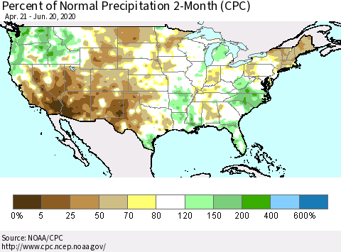 United States Percent of Normal Precipitation 2-Month (CPC) Thematic Map For 4/21/2020 - 6/20/2020
