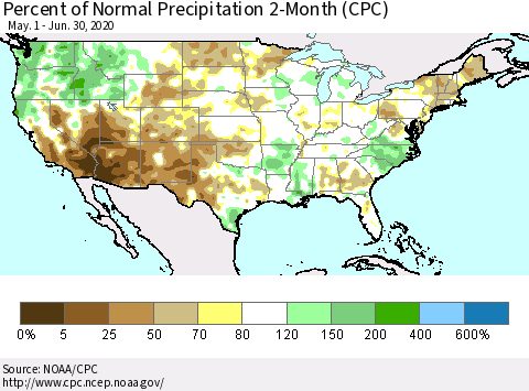 United States Percent of Normal Precipitation 2-Month (CPC) Thematic Map For 5/1/2020 - 6/30/2020
