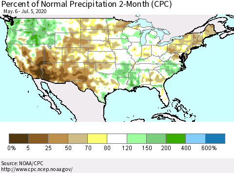 United States Percent of Normal Precipitation 2-Month (CPC) Thematic Map For 5/6/2020 - 7/5/2020