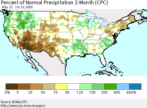 United States Percent of Normal Precipitation 2-Month (CPC) Thematic Map For 5/11/2020 - 7/10/2020