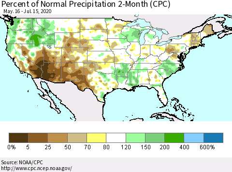 United States Percent of Normal Precipitation 2-Month (CPC) Thematic Map For 5/16/2020 - 7/15/2020