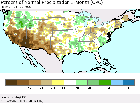 United States Percent of Normal Precipitation 2-Month (CPC) Thematic Map For 5/21/2020 - 7/20/2020