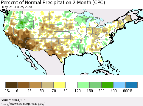 United States Percent of Normal Precipitation 2-Month (CPC) Thematic Map For 5/26/2020 - 7/25/2020