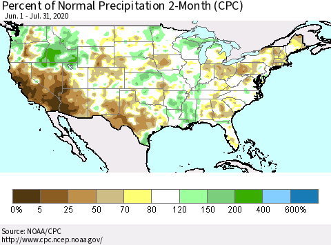 United States Percent of Normal Precipitation 2-Month (CPC) Thematic Map For 6/1/2020 - 7/31/2020