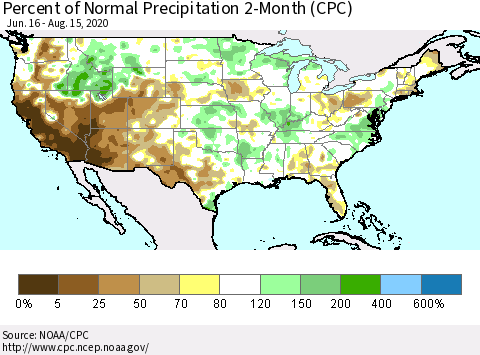 United States Percent of Normal Precipitation 2-Month (CPC) Thematic Map For 6/16/2020 - 8/15/2020