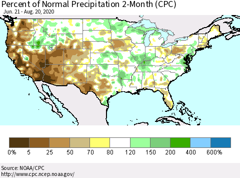 United States Percent of Normal Precipitation 2-Month (CPC) Thematic Map For 6/21/2020 - 8/20/2020