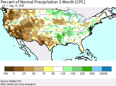 United States Percent of Normal Precipitation 2-Month (CPC) Thematic Map For 7/1/2020 - 8/31/2020