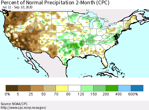 United States Percent of Normal Precipitation 2-Month (CPC) Thematic Map For 7/11/2020 - 9/10/2020