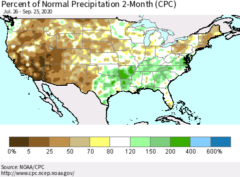 United States Percent of Normal Precipitation 2-Month (CPC) Thematic Map For 7/26/2020 - 9/25/2020