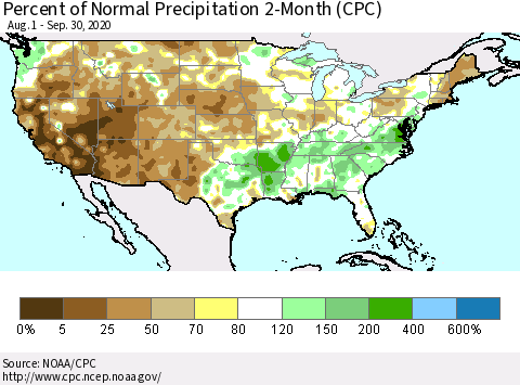United States Percent of Normal Precipitation 2-Month (CPC) Thematic Map For 8/1/2020 - 9/30/2020