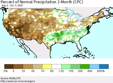 United States Percent of Normal Precipitation 2-Month (CPC) Thematic Map For 8/6/2020 - 10/5/2020