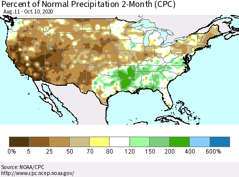United States Percent of Normal Precipitation 2-Month (CPC) Thematic Map For 8/11/2020 - 10/10/2020